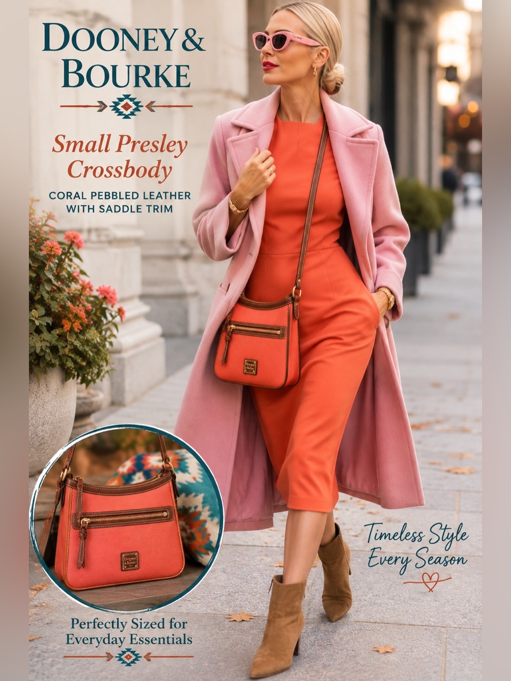 Dooney & Bourke  Presley Coral Pebbled Leather Crossbody & Brown Trim W/Pocket